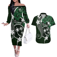 FSM Chuuk Couples Matching Off The Shoulder Long Sleeve Dress and Hawaiian Shirt Turtle Tropical Flowers Polynesian - Green LT14 Green - Polynesian Pride