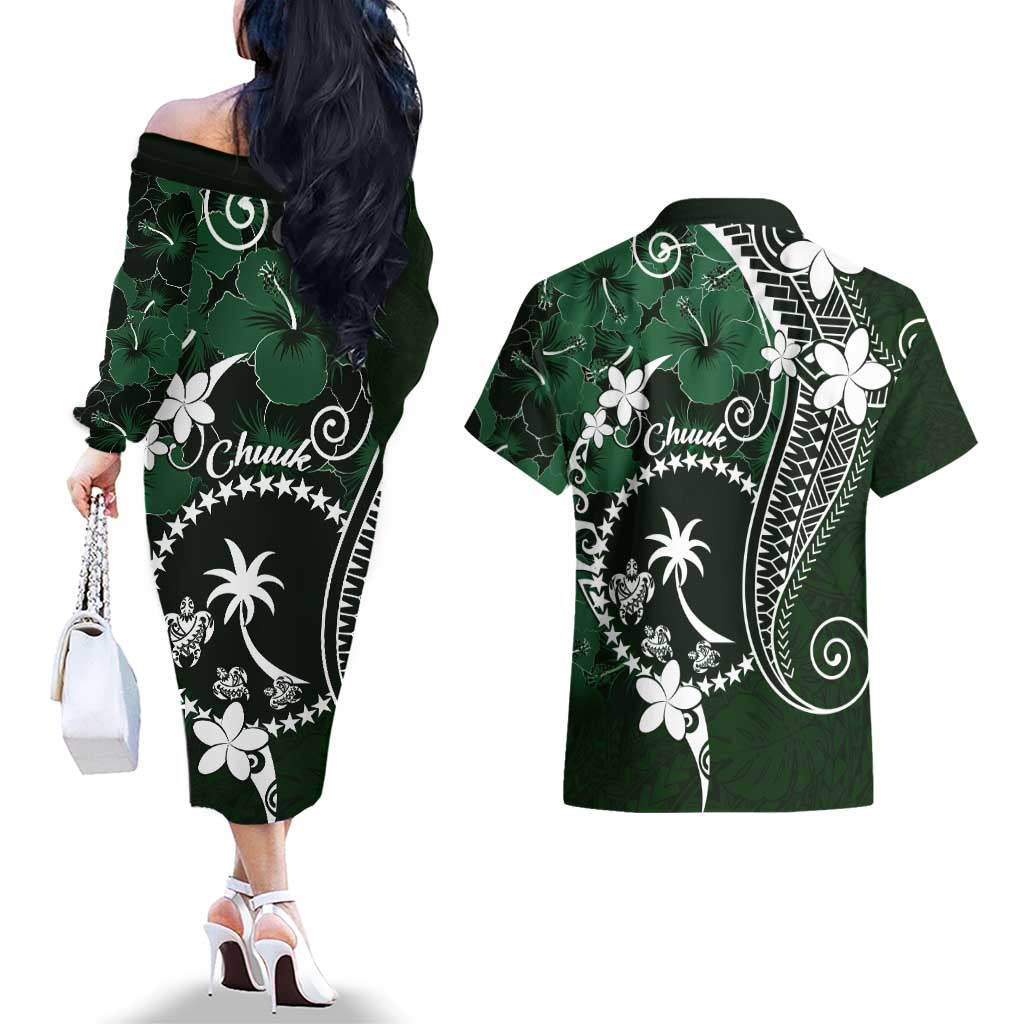 FSM Chuuk Couples Matching Off The Shoulder Long Sleeve Dress and Hawaiian Shirt Turtle Tropical Flowers Polynesian - Green LT14 - Polynesian Pride