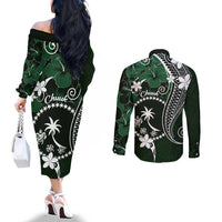 FSM Chuuk Couples Matching Off The Shoulder Long Sleeve Dress and Long Sleeve Button Shirt Turtle Tropical Flowers Polynesian - Green LT14 - Polynesian Pride