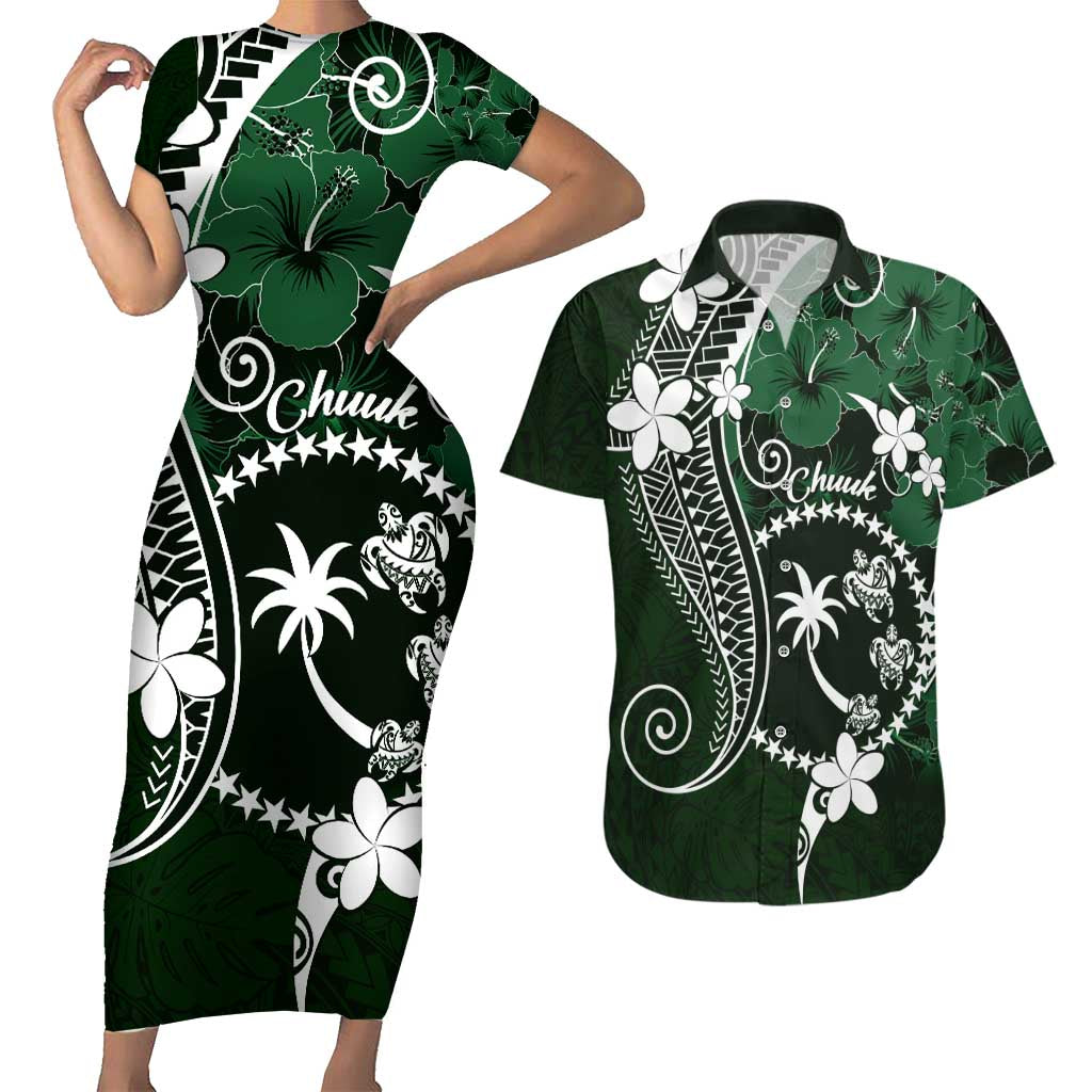 FSM Chuuk Couples Matching Short Sleeve Bodycon Dress and Hawaiian Shirt Turtle Tropical Flowers Polynesian - Green LT14 Green - Polynesian Pride