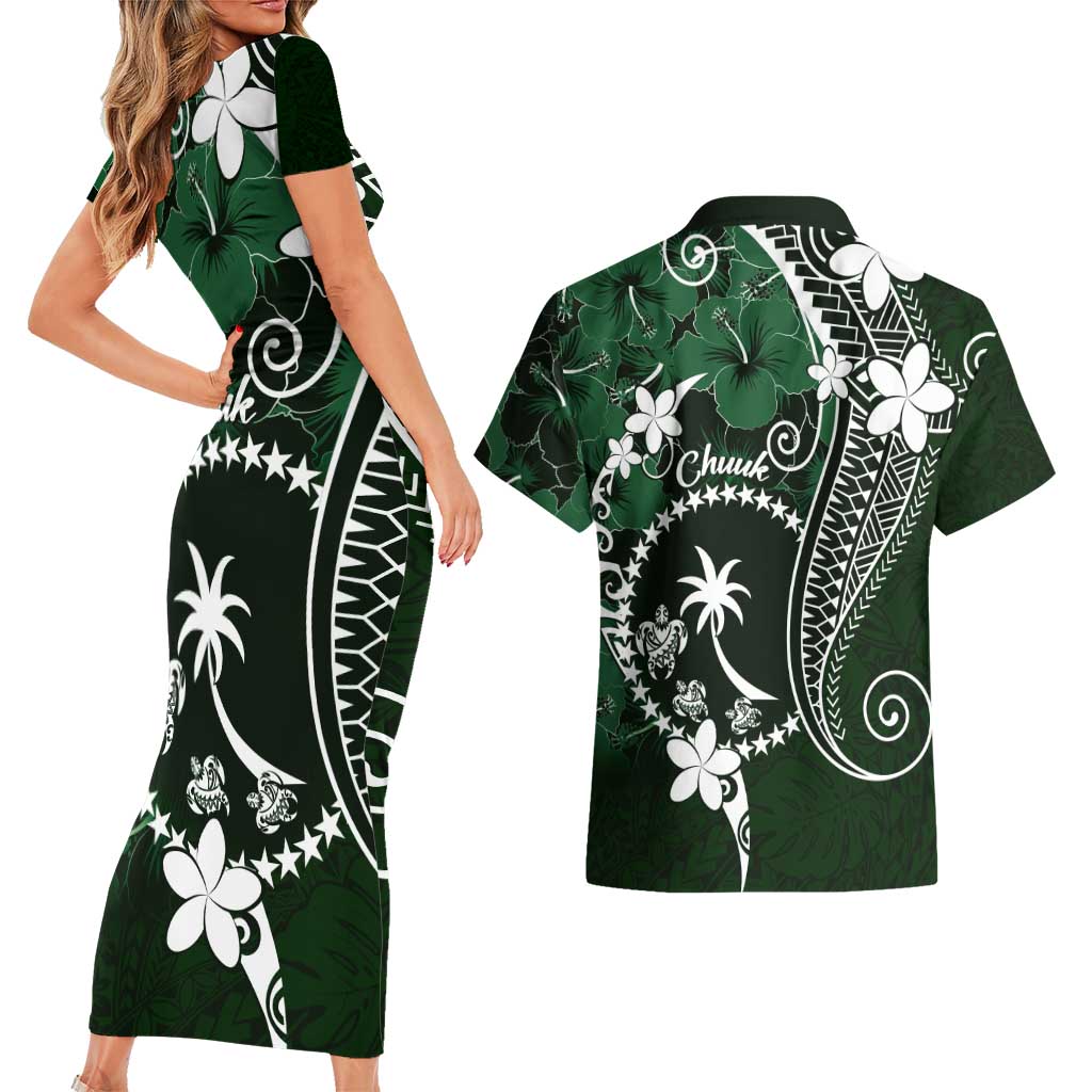 FSM Chuuk Couples Matching Short Sleeve Bodycon Dress and Hawaiian Shirt Turtle Tropical Flowers Polynesian - Green LT14 - Polynesian Pride