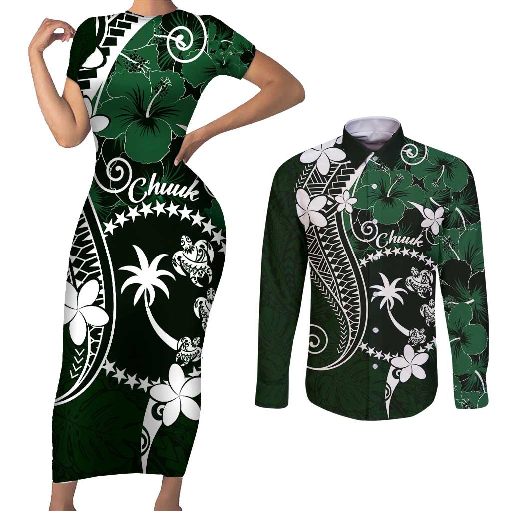 FSM Chuuk Couples Matching Short Sleeve Bodycon Dress and Long Sleeve Button Shirt Turtle Tropical Flowers Polynesian - Green LT14 Green - Polynesian Pride
