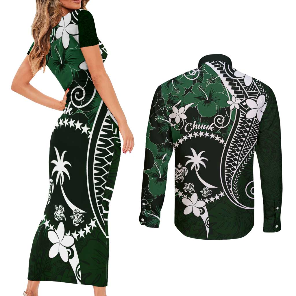 FSM Chuuk Couples Matching Short Sleeve Bodycon Dress and Long Sleeve Button Shirt Turtle Tropical Flowers Polynesian - Green LT14 - Polynesian Pride