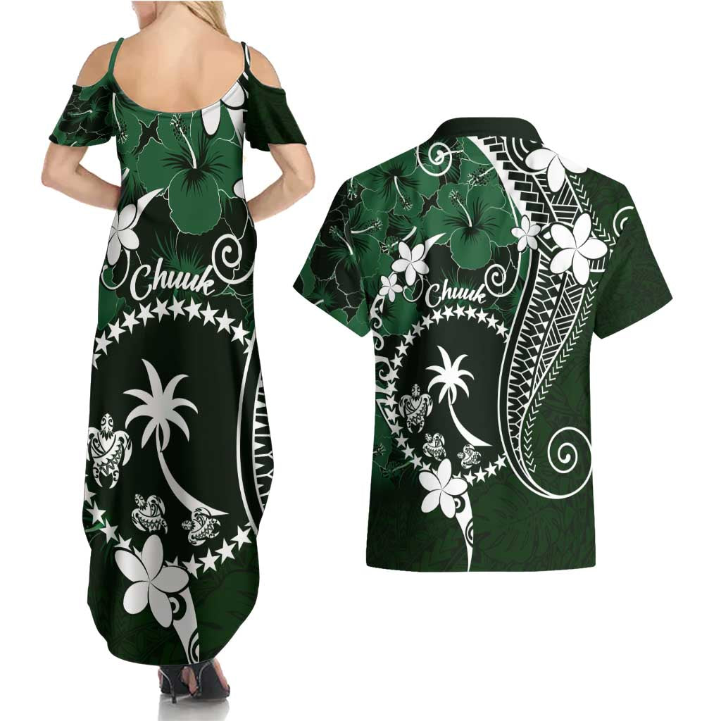 FSM Chuuk Couples Matching Summer Maxi Dress and Hawaiian Shirt Turtle Tropical Flowers Polynesian - Green LT14 - Polynesian Pride