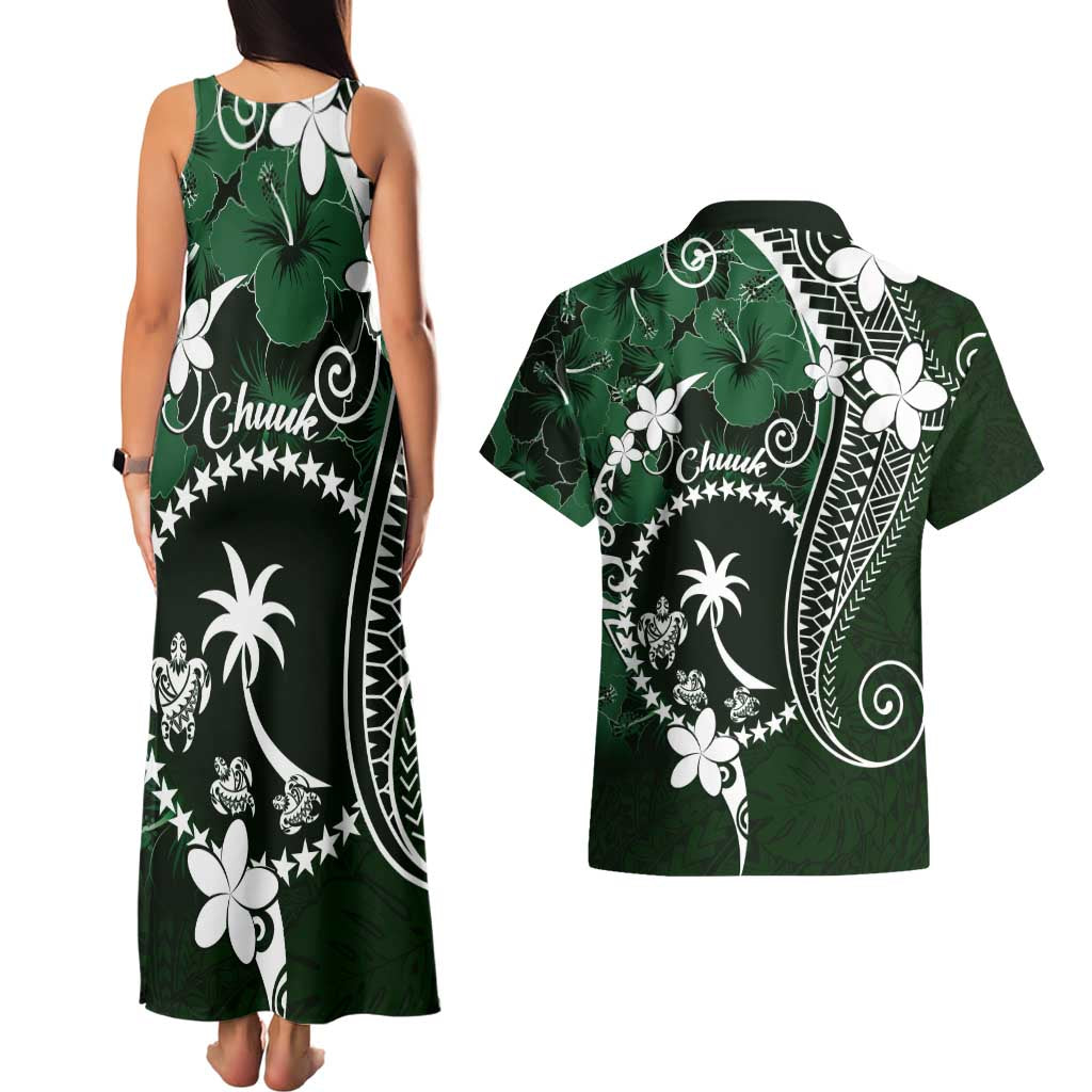 FSM Chuuk Couples Matching Tank Maxi Dress and Hawaiian Shirt Turtle Tropical Flowers Polynesian - Green LT14 - Polynesian Pride