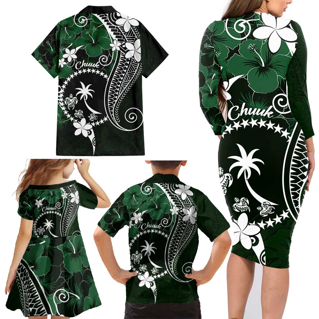 FSM Chuuk Family Matching Long Sleeve Bodycon Dress and Hawaiian Shirt Turtle Tropical Flowers Polynesian - Green LT14 - Polynesian Pride