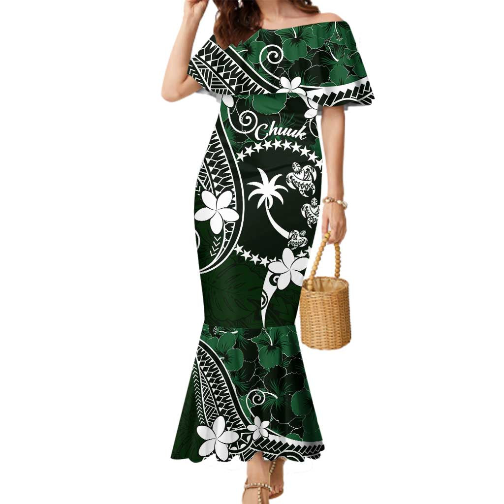 FSM Chuuk Family Matching Mermaid Dress and Hawaiian Shirt Turtle Tropical Flowers Polynesian - Green LT14 Mom's Dress Green - Polynesian Pride