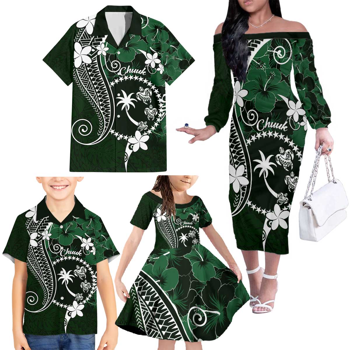 FSM Chuuk Family Matching Off The Shoulder Long Sleeve Dress and Hawaiian Shirt Turtle Tropical Flowers Polynesian - Green LT14 - Polynesian Pride