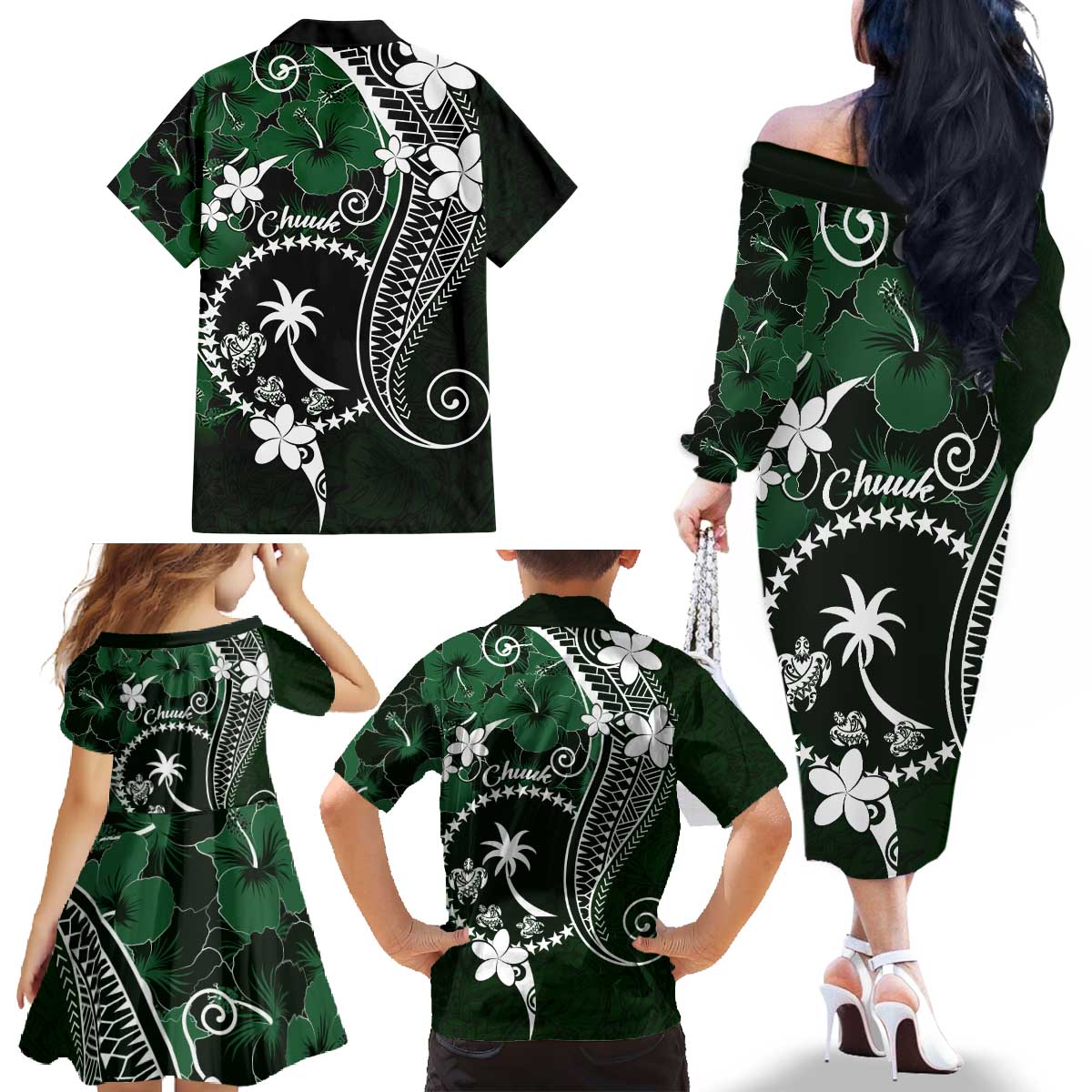 FSM Chuuk Family Matching Off The Shoulder Long Sleeve Dress and Hawaiian Shirt Turtle Tropical Flowers Polynesian - Green LT14 - Polynesian Pride