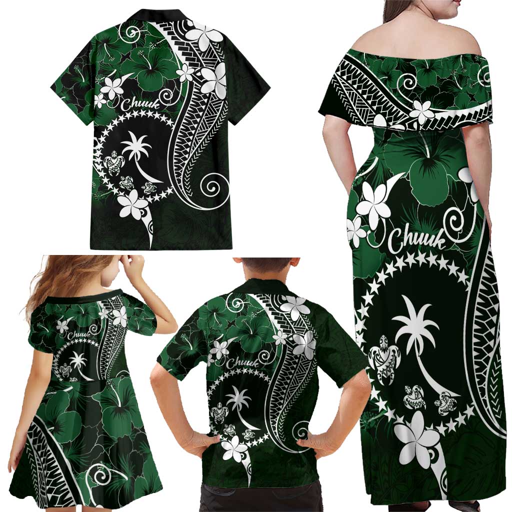 FSM Chuuk Family Matching Off Shoulder Maxi Dress and Hawaiian Shirt Turtle Tropical Flowers Polynesian - Green LT14 - Polynesian Pride