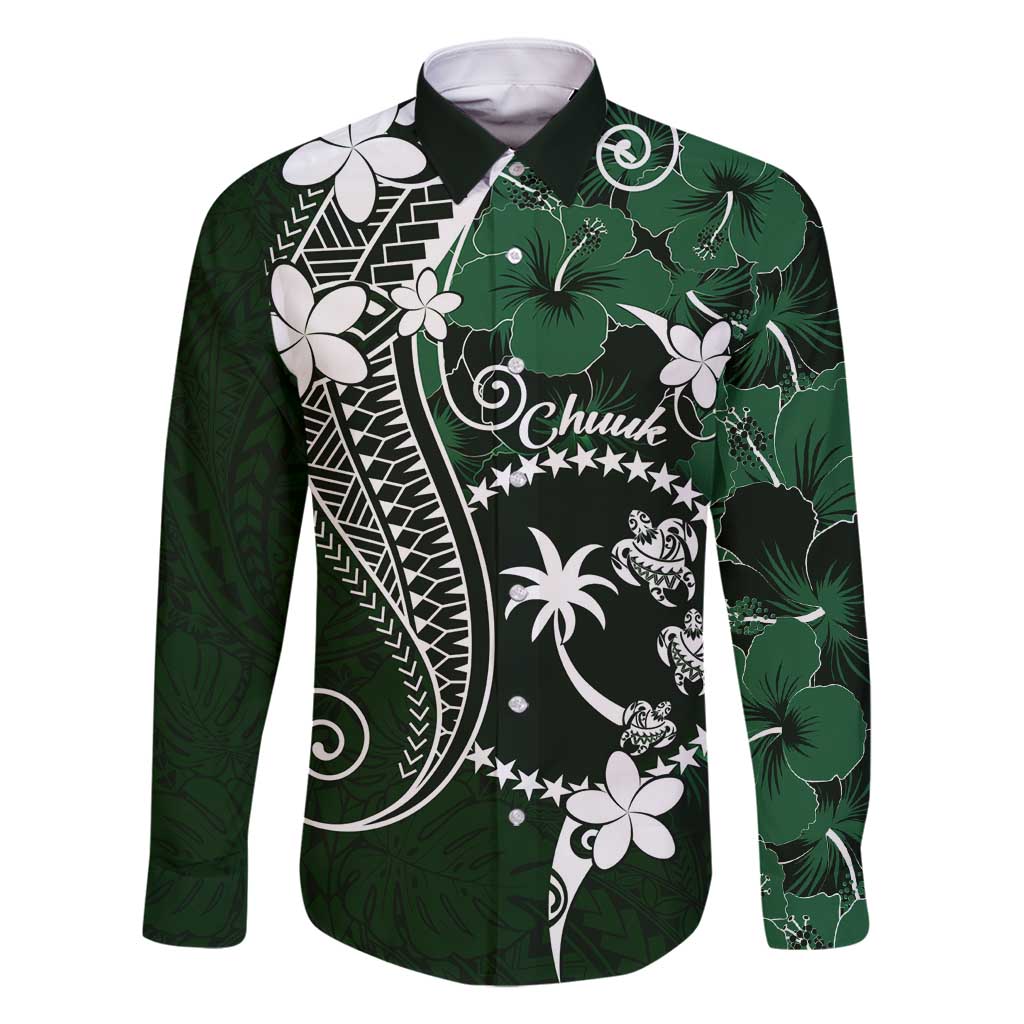 FSM Chuuk Family Matching Off Shoulder Maxi Dress and Hawaiian Shirt Turtle Tropical Flowers Polynesian - Green LT14 Dad's Shirt - Long Sleeve Green - Polynesian Pride