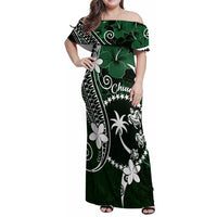 FSM Chuuk Family Matching Off Shoulder Maxi Dress and Hawaiian Shirt Turtle Tropical Flowers Polynesian - Green LT14 Mom's Dress Green - Polynesian Pride