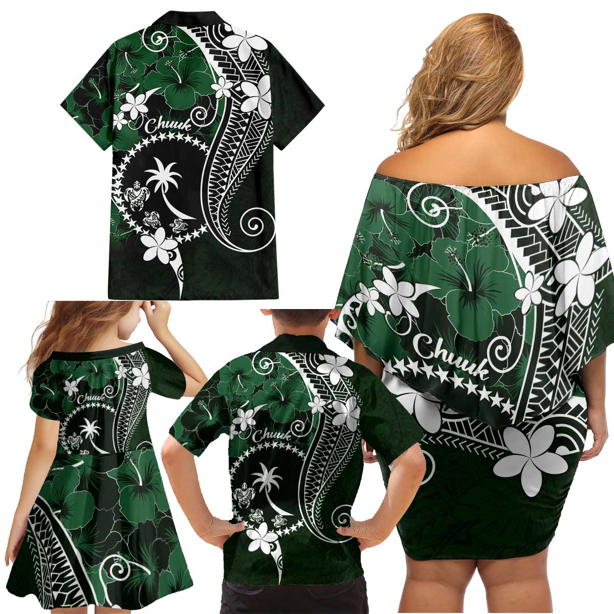 FSM Chuuk Family Matching Off Shoulder Short Dress and Hawaiian Shirt Turtle Tropical Flowers Polynesian - Green LT14 - Polynesian Pride