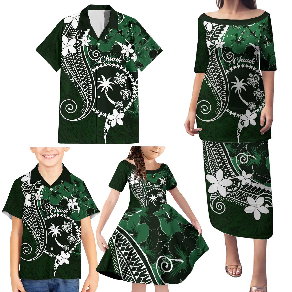 FSM Chuuk Family Matching Puletasi and Hawaiian Shirt Turtle Tropical Flowers Polynesian - Green LT14 - Polynesian Pride
