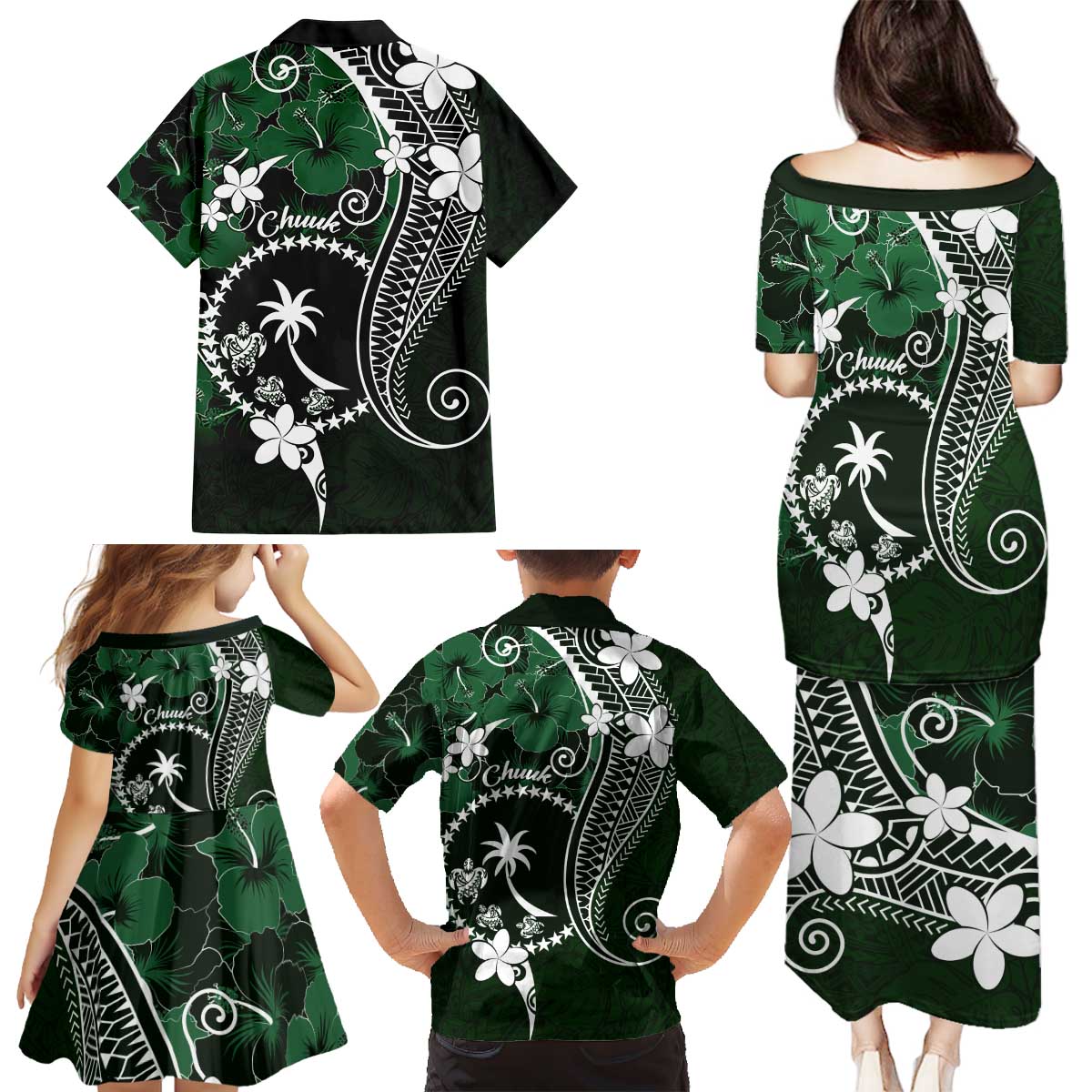 FSM Chuuk Family Matching Puletasi and Hawaiian Shirt Turtle Tropical Flowers Polynesian - Green LT14 - Polynesian Pride