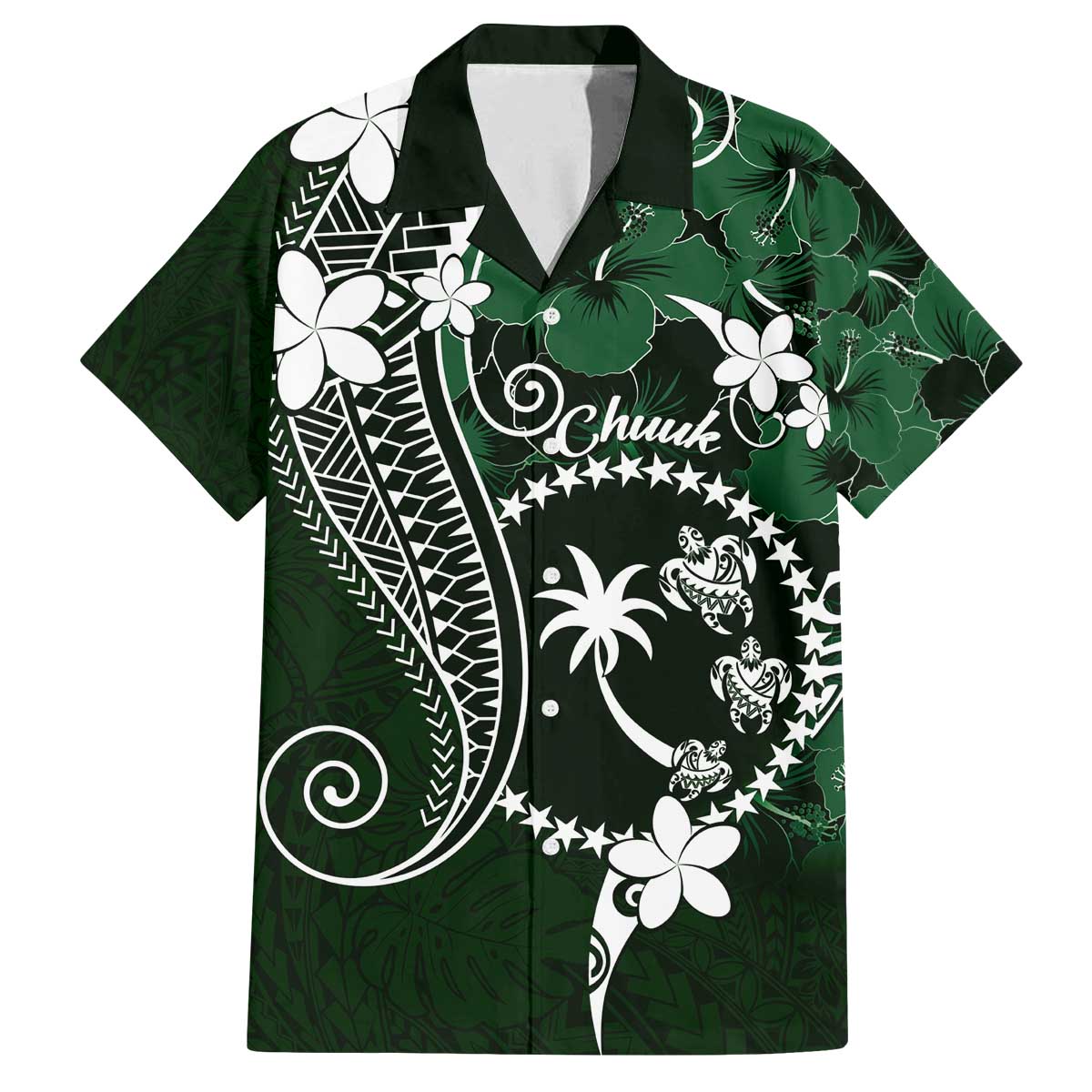 FSM Chuuk Family Matching Puletasi and Hawaiian Shirt Turtle Tropical Flowers Polynesian - Green LT14 Dad's Shirt - Short Sleeve Green - Polynesian Pride