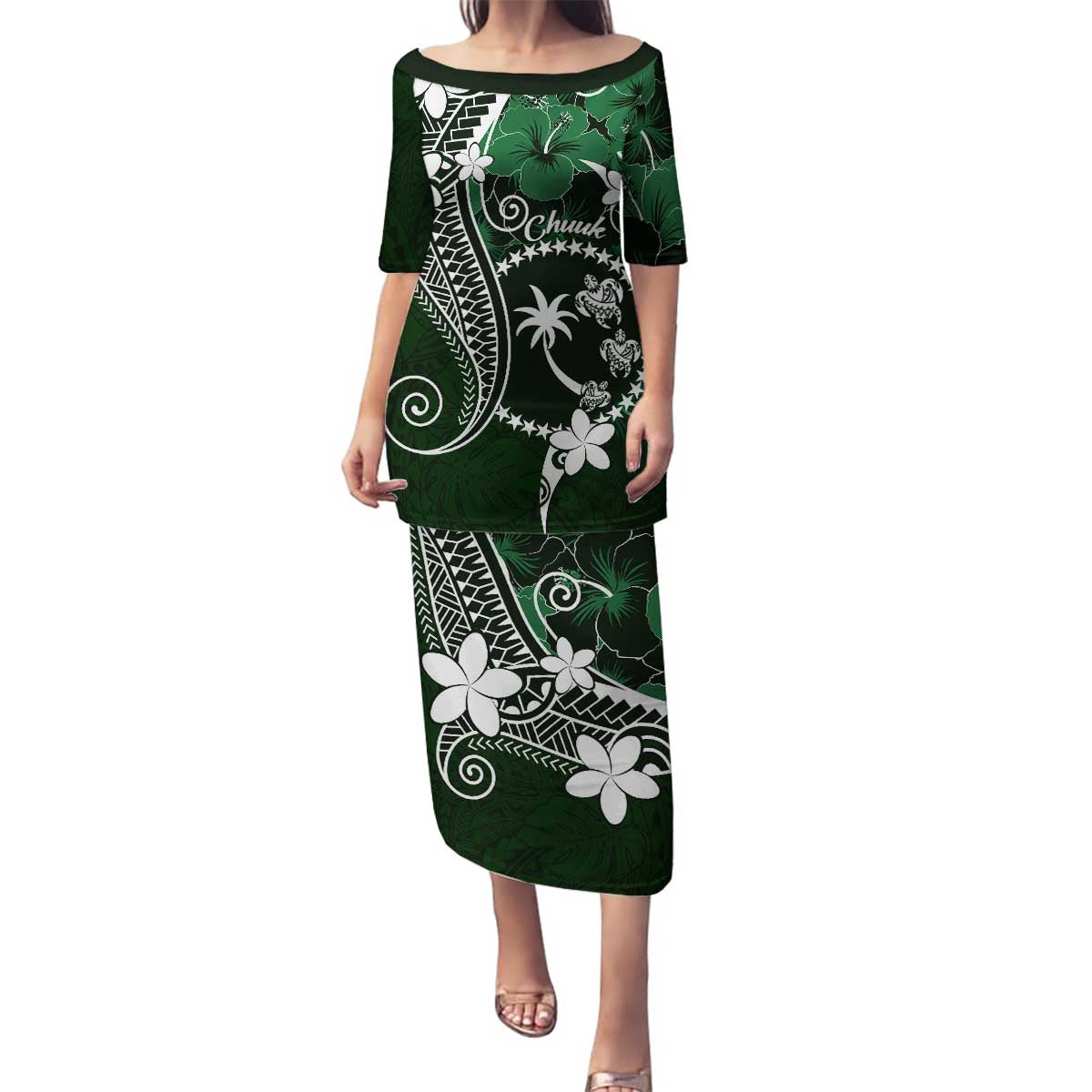 FSM Chuuk Family Matching Puletasi and Hawaiian Shirt Turtle Tropical Flowers Polynesian - Green LT14 Mom's Dress Green - Polynesian Pride