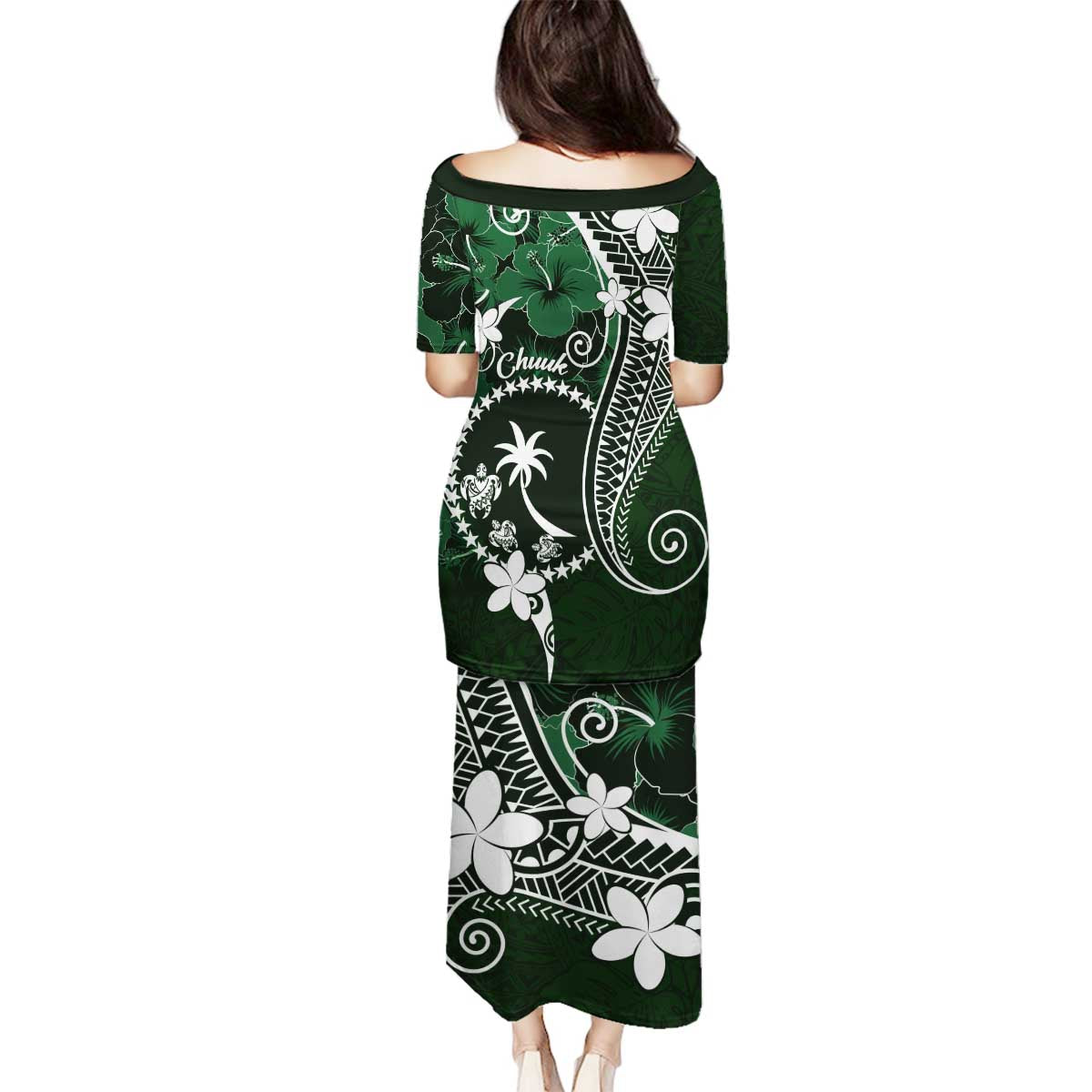FSM Chuuk Family Matching Puletasi and Hawaiian Shirt Turtle Tropical Flowers Polynesian - Green LT14 - Polynesian Pride
