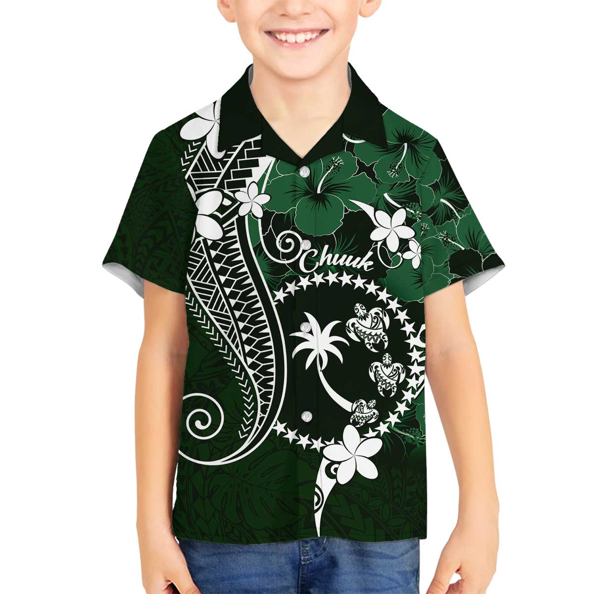 FSM Chuuk Family Matching Puletasi and Hawaiian Shirt Turtle Tropical Flowers Polynesian - Green LT14 Son's Shirt Green - Polynesian Pride