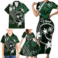 FSM Chuuk Family Matching Short Sleeve Bodycon Dress and Hawaiian Shirt Turtle Tropical Flowers Polynesian - Green LT14 - Polynesian Pride
