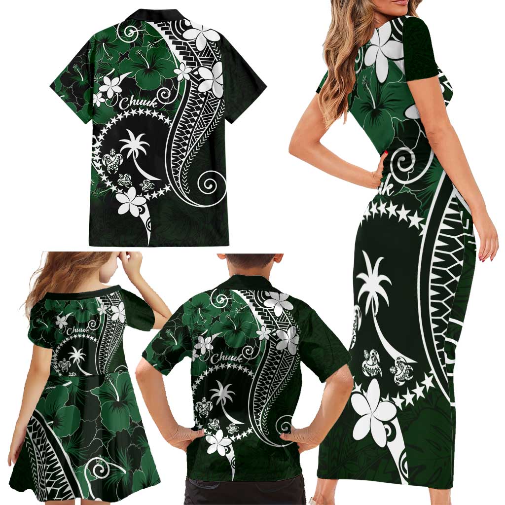 FSM Chuuk Family Matching Short Sleeve Bodycon Dress and Hawaiian Shirt Turtle Tropical Flowers Polynesian - Green LT14 - Polynesian Pride