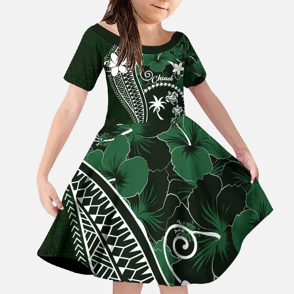 FSM Chuuk Family Matching Summer Maxi Dress and Hawaiian Shirt Turtle Tropical Flowers Polynesian - Green LT14 Daughter's Dress Green - Polynesian Pride