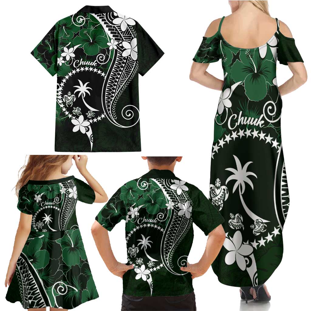 FSM Chuuk Family Matching Summer Maxi Dress and Hawaiian Shirt Turtle Tropical Flowers Polynesian - Green LT14 - Polynesian Pride