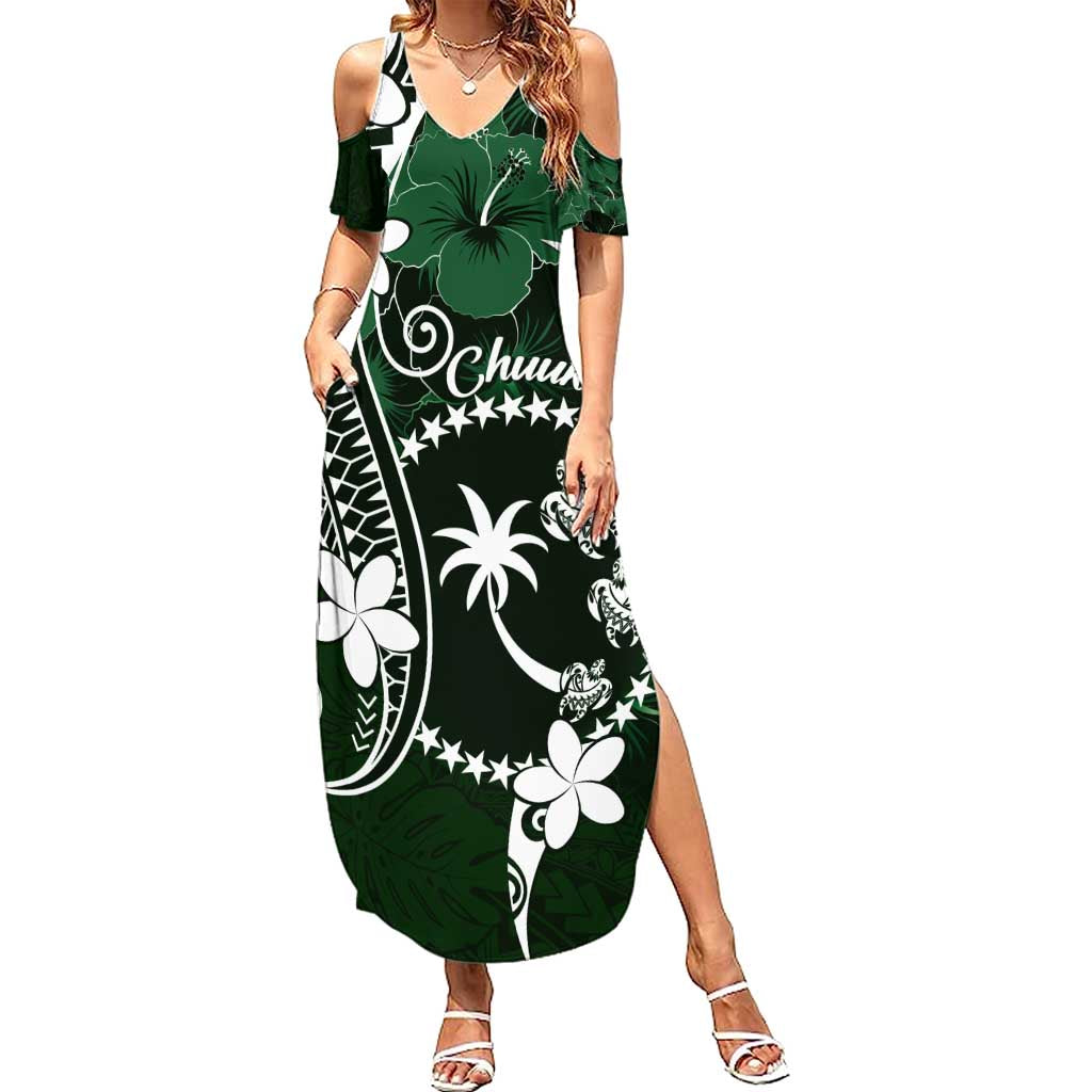 FSM Chuuk Family Matching Summer Maxi Dress and Hawaiian Shirt Turtle Tropical Flowers Polynesian - Green LT14 Mom's Dress Green - Polynesian Pride