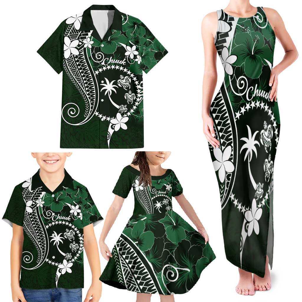 FSM Chuuk Family Matching Tank Maxi Dress and Hawaiian Shirt Turtle Tropical Flowers Polynesian - Green LT14 - Polynesian Pride