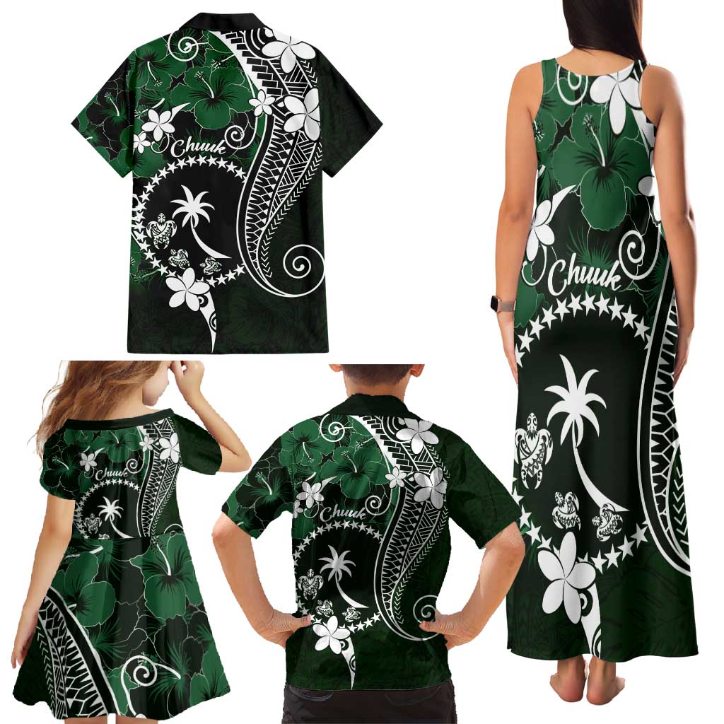 FSM Chuuk Family Matching Tank Maxi Dress and Hawaiian Shirt Turtle Tropical Flowers Polynesian - Green LT14 - Polynesian Pride