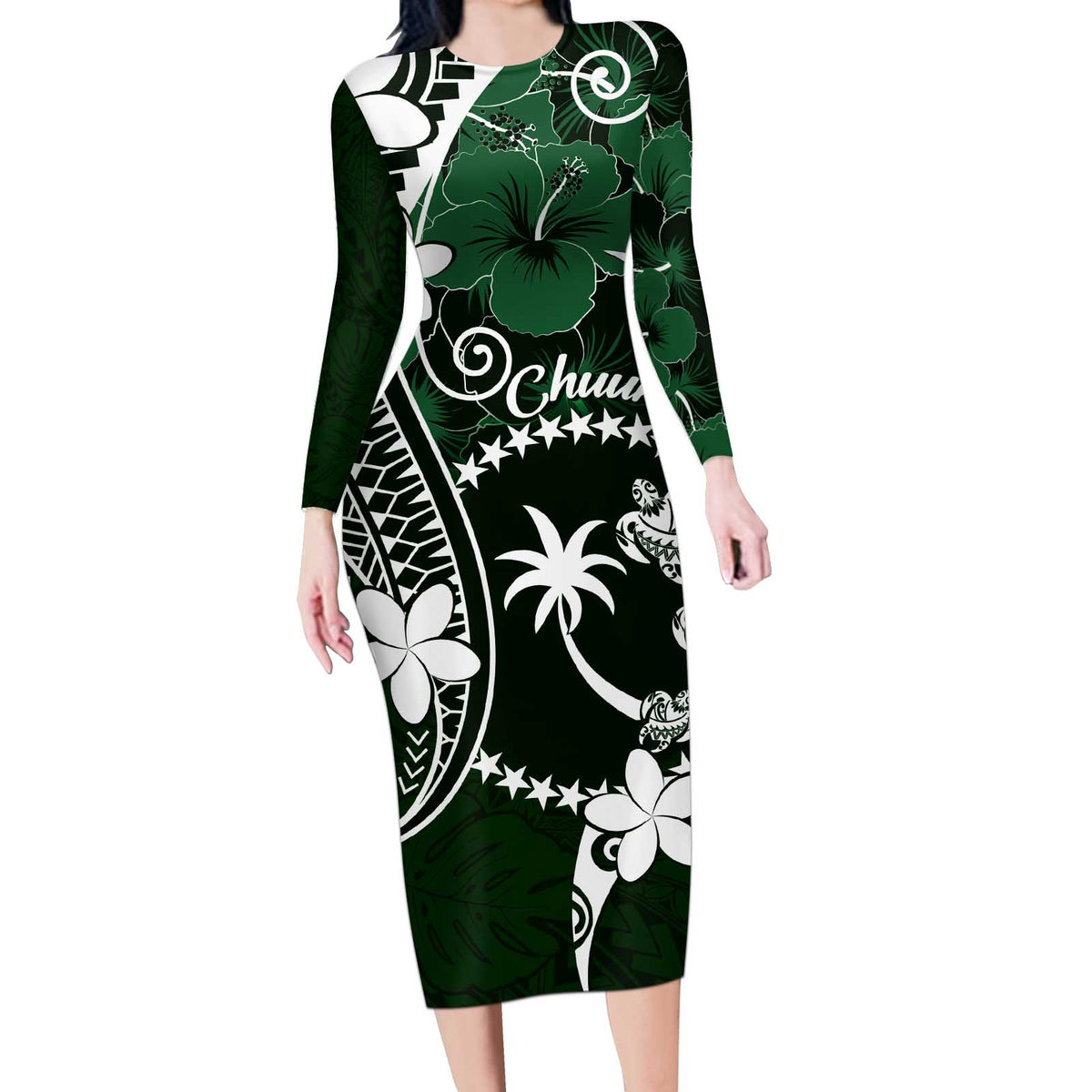 FSM Chuuk Long Sleeve Bodycon Dress Turtle Tropical Flowers Polynesian - Green LT14 Long Dress Green - Polynesian Pride