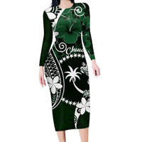 FSM Chuuk Long Sleeve Bodycon Dress Turtle Tropical Flowers Polynesian - Green LT14 Long Dress Green - Polynesian Pride