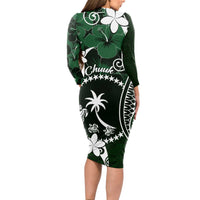 FSM Chuuk Long Sleeve Bodycon Dress Turtle Tropical Flowers Polynesian - Green LT14 - Polynesian Pride