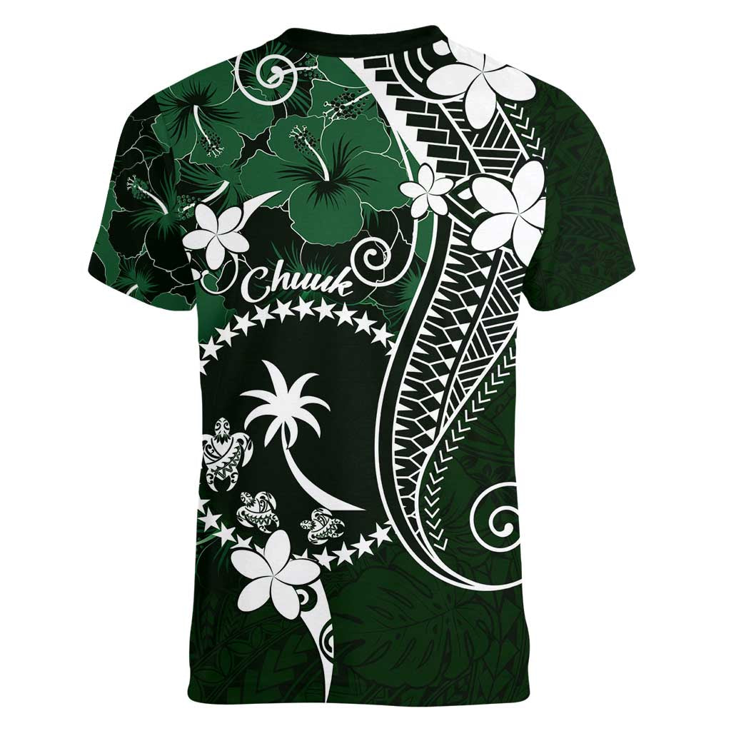 FSM Chuuk Women V-Neck T-Shirt Turtle Tropical Flowers Polynesian - Green