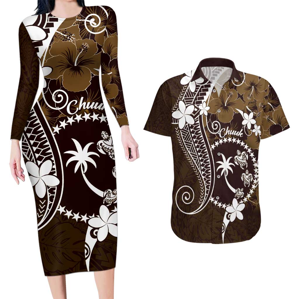 FSM Chuuk Couples Matching Long Sleeve Bodycon Dress and Hawaiian Shirt Turtle Tropical Flowers Polynesian - Brown LT14 Brown - Polynesian Pride