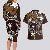 FSM Chuuk Couples Matching Long Sleeve Bodycon Dress and Hawaiian Shirt Turtle Tropical Flowers Polynesian - Brown LT14 - Polynesian Pride