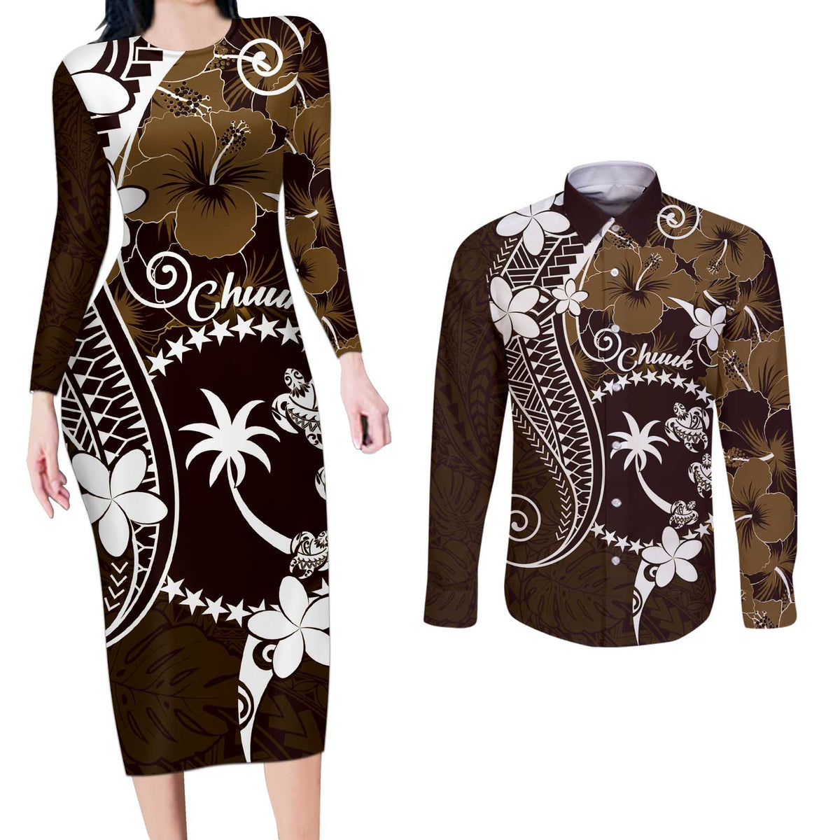 FSM Chuuk Couples Matching Long Sleeve Bodycon Dress and Long Sleeve Button Shirt Turtle Tropical Flowers Polynesian - Brown LT14 Brown - Polynesian Pride