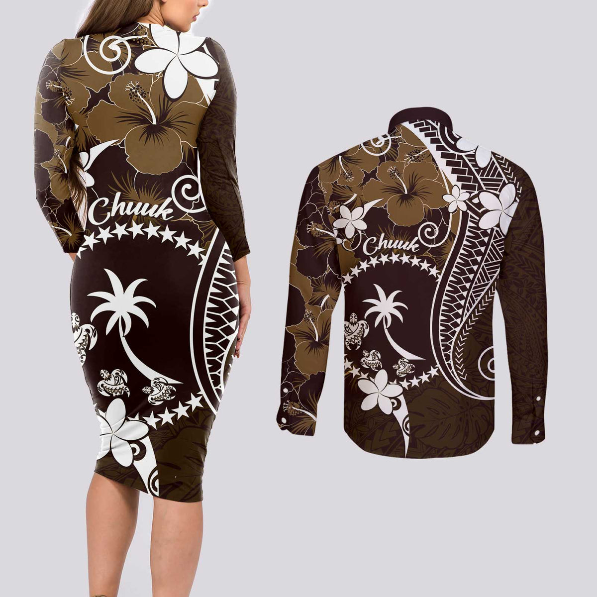 FSM Chuuk Couples Matching Long Sleeve Bodycon Dress and Long Sleeve Button Shirt Turtle Tropical Flowers Polynesian - Brown LT14 - Polynesian Pride
