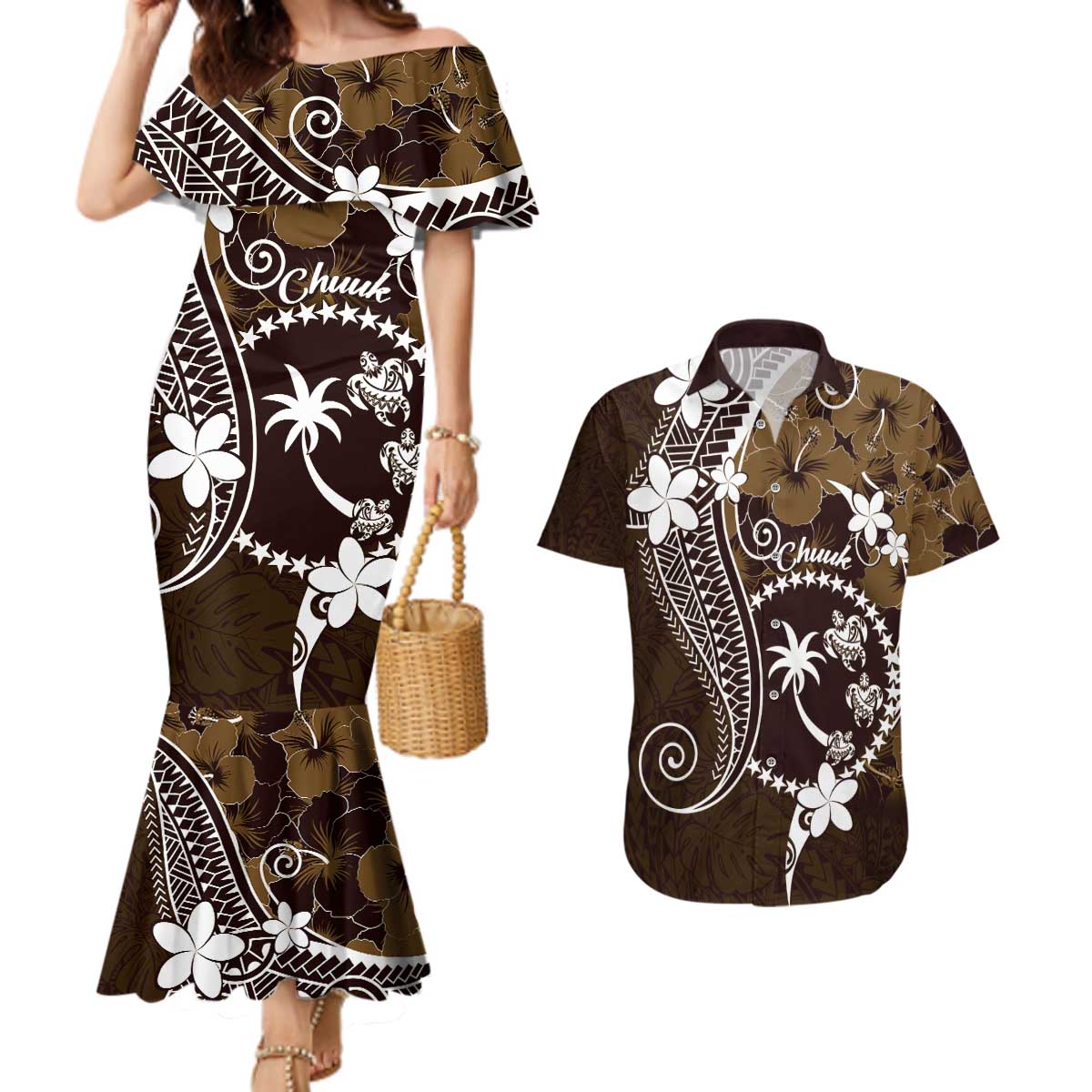 FSM Chuuk Couples Matching Mermaid Dress and Hawaiian Shirt Turtle Tropical Flowers Polynesian - Brown LT14 Brown - Polynesian Pride