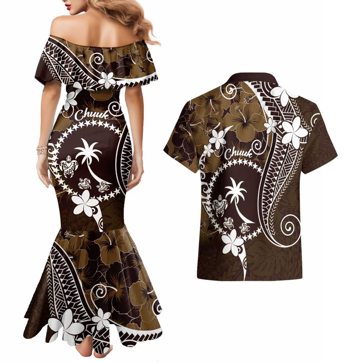 FSM Chuuk Couples Matching Mermaid Dress and Hawaiian Shirt Turtle Tropical Flowers Polynesian - Brown LT14 - Polynesian Pride