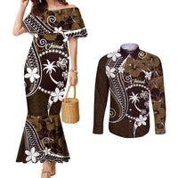 FSM Chuuk Couples Matching Mermaid Dress and Long Sleeve Button Shirt Turtle Tropical Flowers Polynesian - Brown LT14 Brown - Polynesian Pride