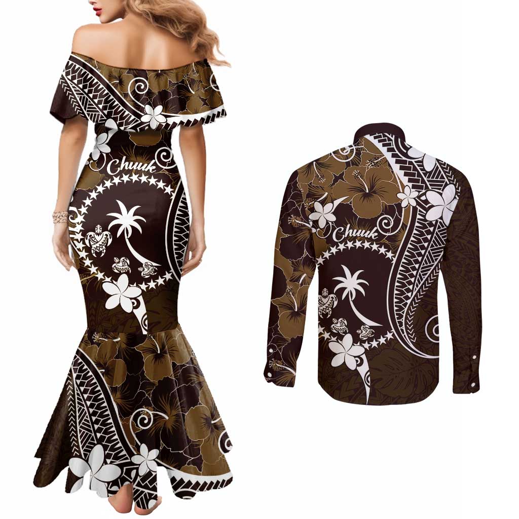 FSM Chuuk Couples Matching Mermaid Dress and Long Sleeve Button Shirt Turtle Tropical Flowers Polynesian - Brown LT14 - Polynesian Pride