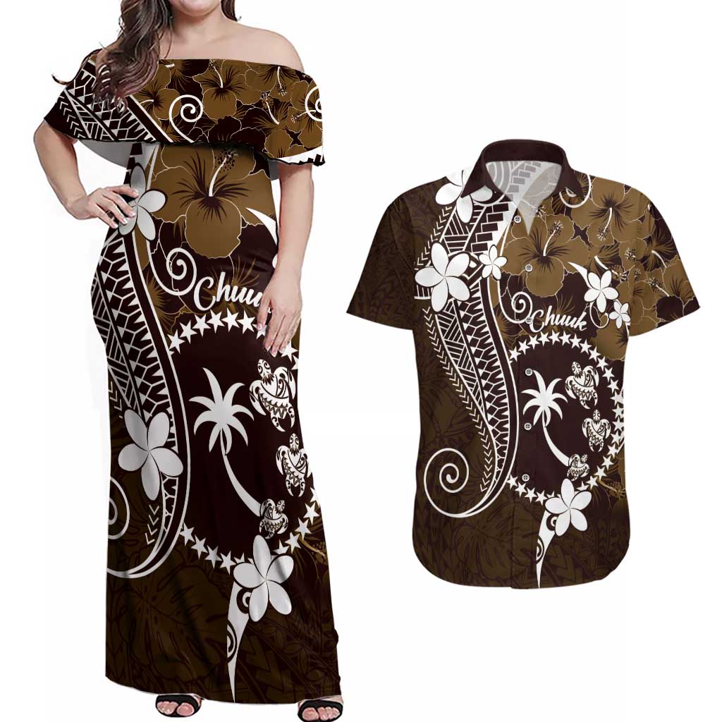 FSM Chuuk Couples Matching Off Shoulder Maxi Dress and Hawaiian Shirt Turtle Tropical Flowers Polynesian - Brown LT14 Brown - Polynesian Pride