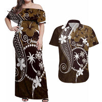 FSM Chuuk Couples Matching Off Shoulder Maxi Dress and Hawaiian Shirt Turtle Tropical Flowers Polynesian - Brown LT14 Brown - Polynesian Pride