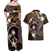 FSM Chuuk Couples Matching Off Shoulder Maxi Dress and Hawaiian Shirt Turtle Tropical Flowers Polynesian - Brown LT14 - Polynesian Pride