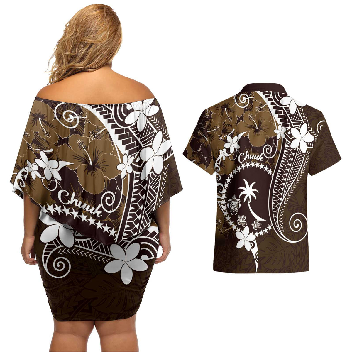 FSM Chuuk Couples Matching Off Shoulder Short Dress and Hawaiian Shirt Turtle Tropical Flowers Polynesian - Brown LT14 - Polynesian Pride