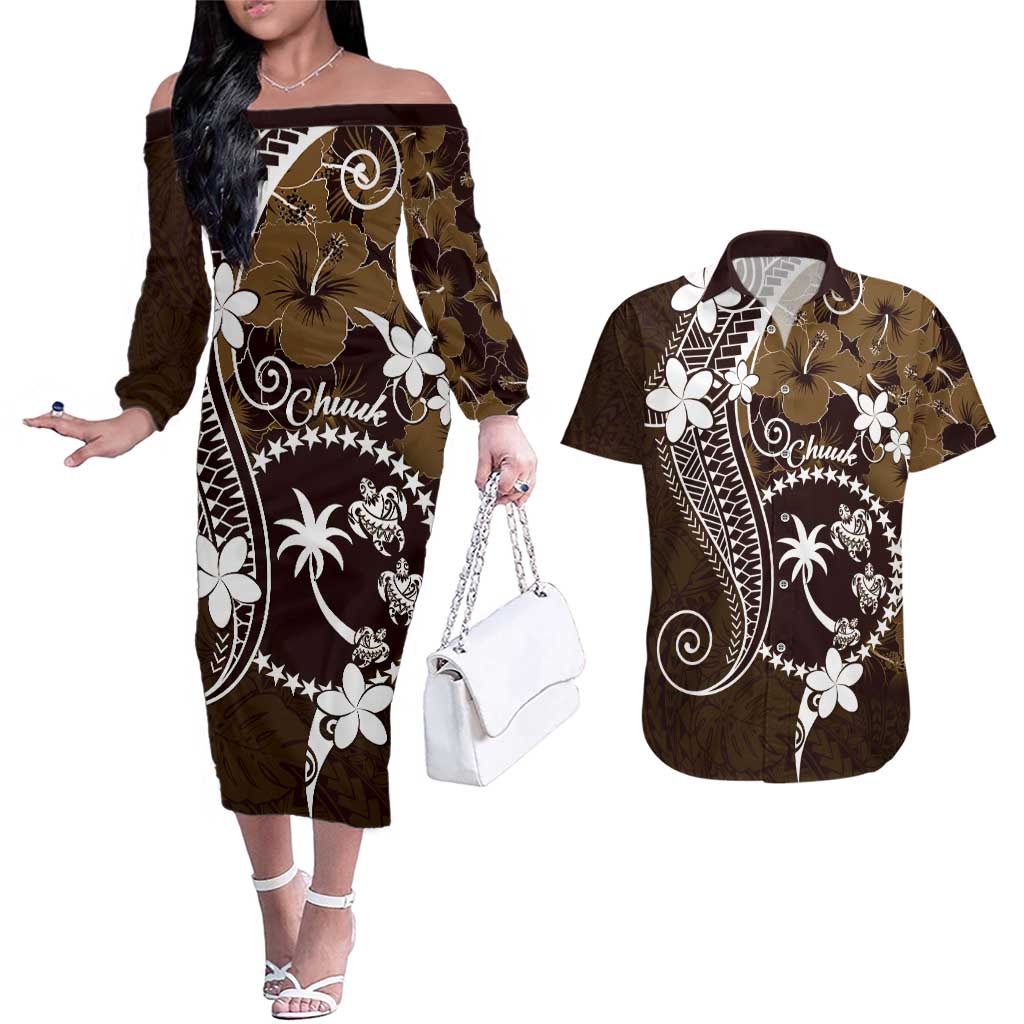 FSM Chuuk Couples Matching Off The Shoulder Long Sleeve Dress and Hawaiian Shirt Turtle Tropical Flowers Polynesian - Brown LT14 Brown - Polynesian Pride