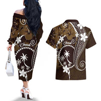 FSM Chuuk Couples Matching Off The Shoulder Long Sleeve Dress and Hawaiian Shirt Turtle Tropical Flowers Polynesian - Brown LT14 - Polynesian Pride