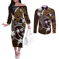 FSM Chuuk Couples Matching Off The Shoulder Long Sleeve Dress and Long Sleeve Button Shirt Turtle Tropical Flowers Polynesian - Brown LT14 Brown - Polynesian Pride