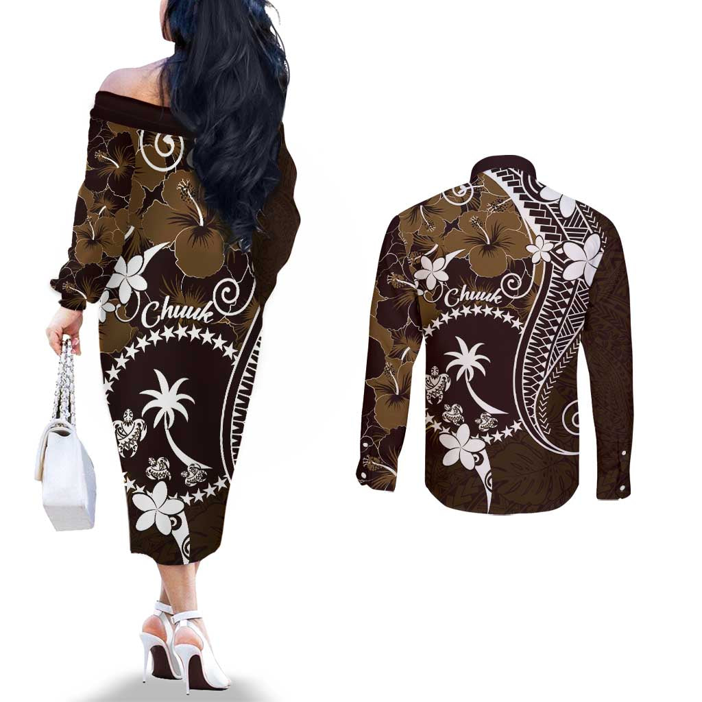 FSM Chuuk Couples Matching Off The Shoulder Long Sleeve Dress and Long Sleeve Button Shirt Turtle Tropical Flowers Polynesian - Brown LT14 - Polynesian Pride